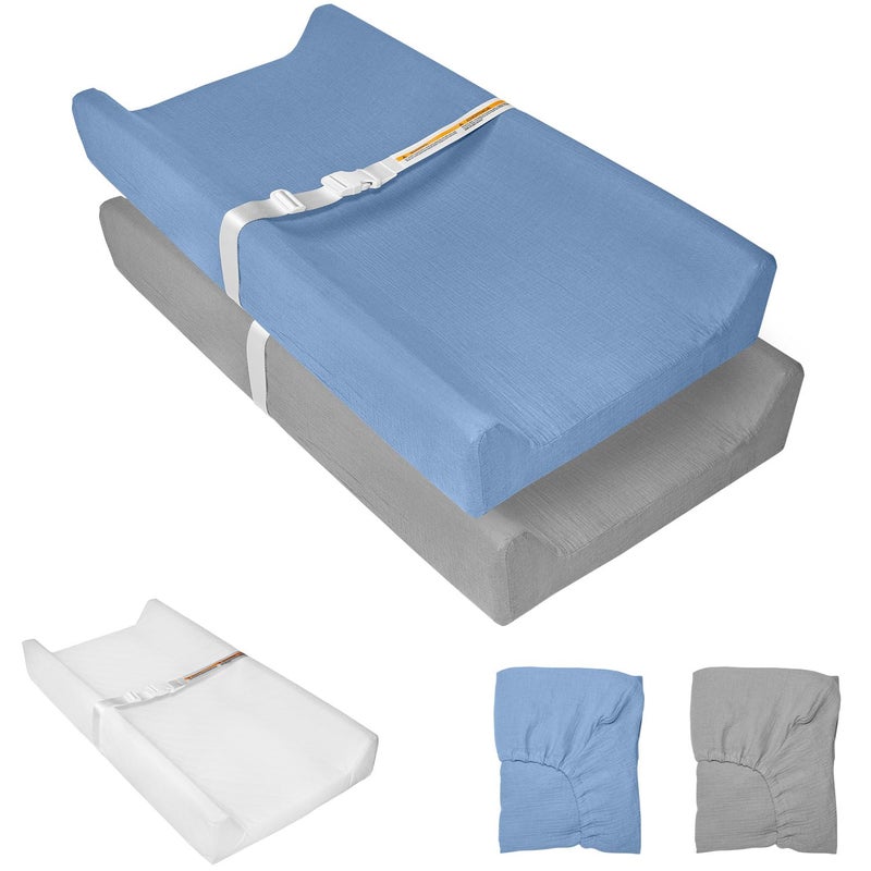 JVEOO Muslin Baby Changing Pad, 2 Pack Muslin Soft Cotton Covers & Waterproof Lining Foam Diaper Changing Table Pad 32" x 16.6" Mat for Dressers - Image 1
